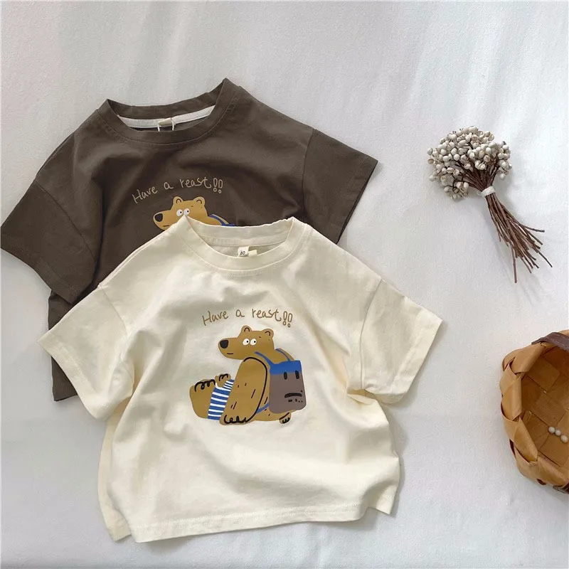 Koreanische Sommer Kinder Mädchen T-shirt Baumwolle Bär Druck Kurzarm Infant Baby Mädchen Top Lose Beiläufige Dünne Kleinkind Kinder Mädchen T