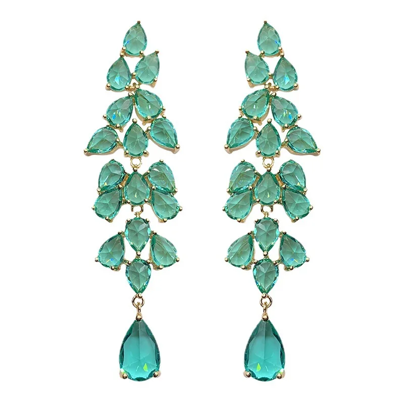 New Arrival Green Color Leaves Women Cubic Zirconia Long Earrings High Quality Jewelry Wedding Active Dangle Style Gifts