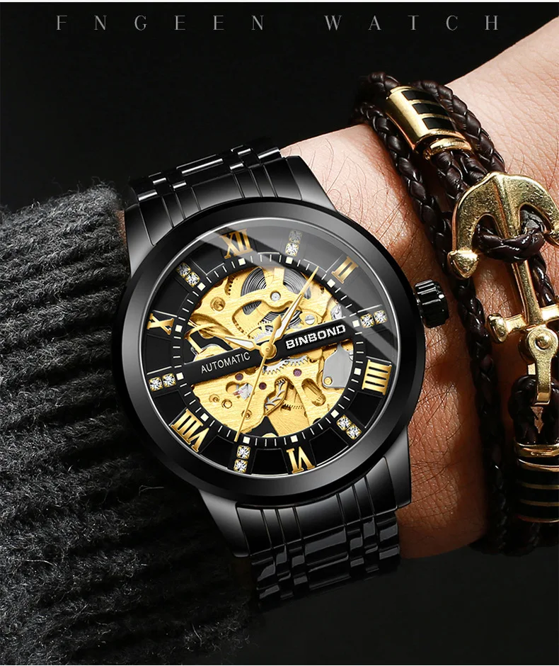 Bindond Mens Automatic Mechanical Watches Top Brand Luxury Stainless Steel Waterproof Hollow Male Wristwatches Relogio Masculino view 2