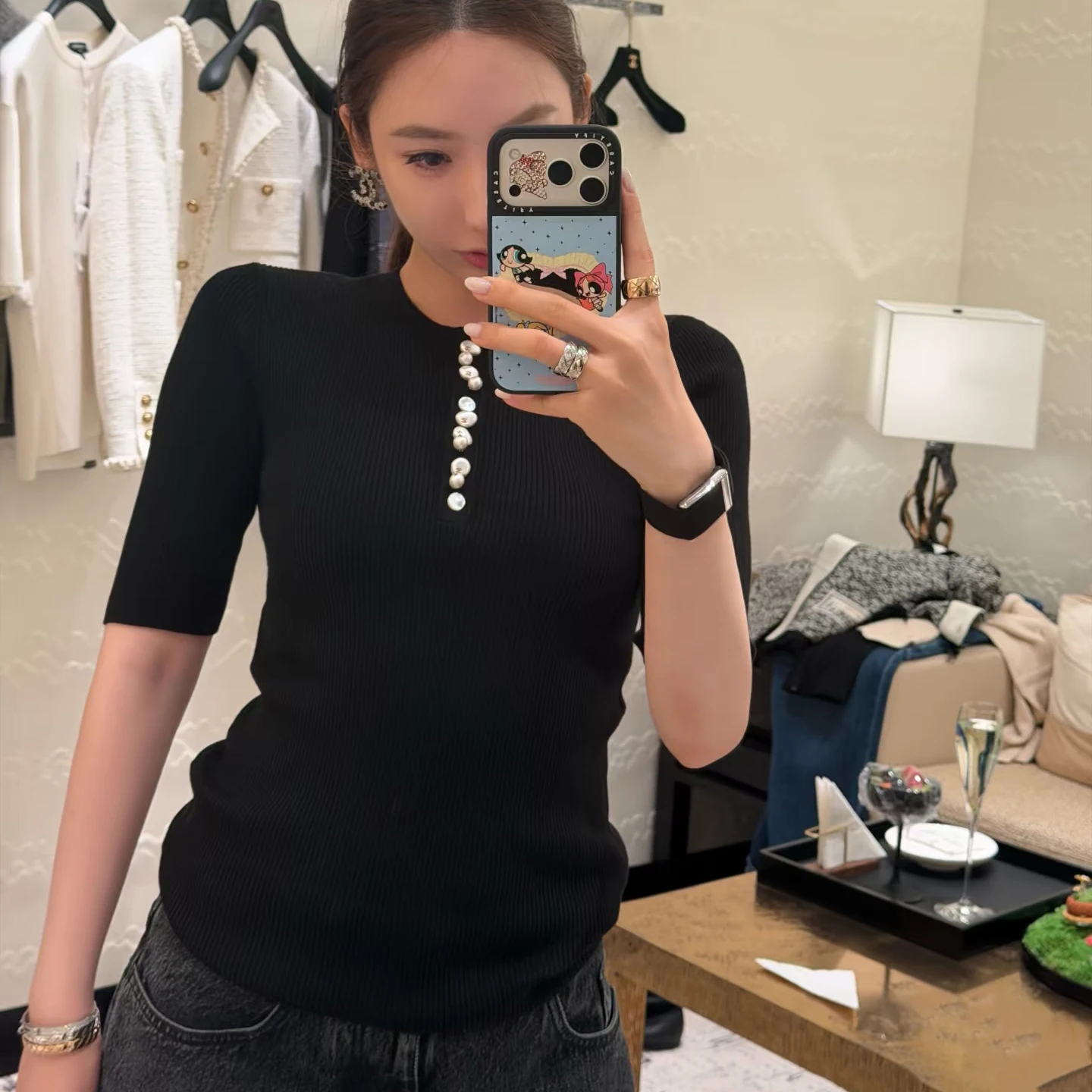 Summer new letter pearl buckle decorative round neck slim-fit top half-open five-quarter-sleeved knitted sweater short-sleeved