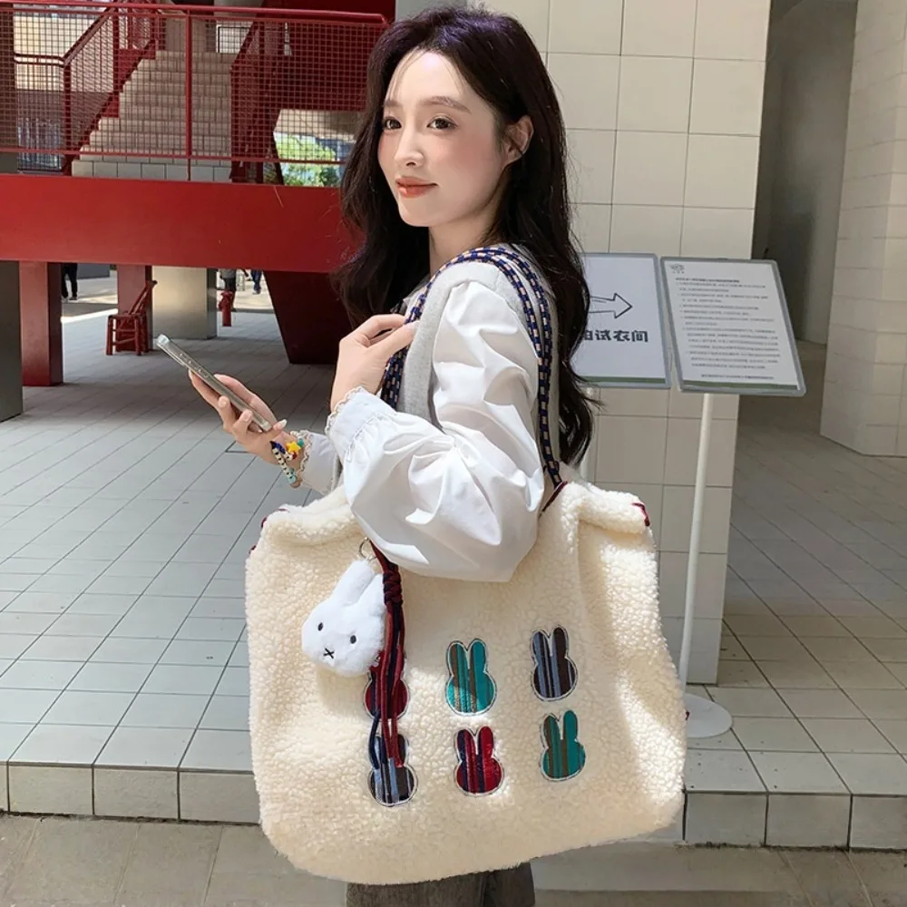 Cartoon Miffy Embroidered Sherpa Shoulder Bag Large Capacity Fashion Item Versatile Daily Neutral Style High Appearance