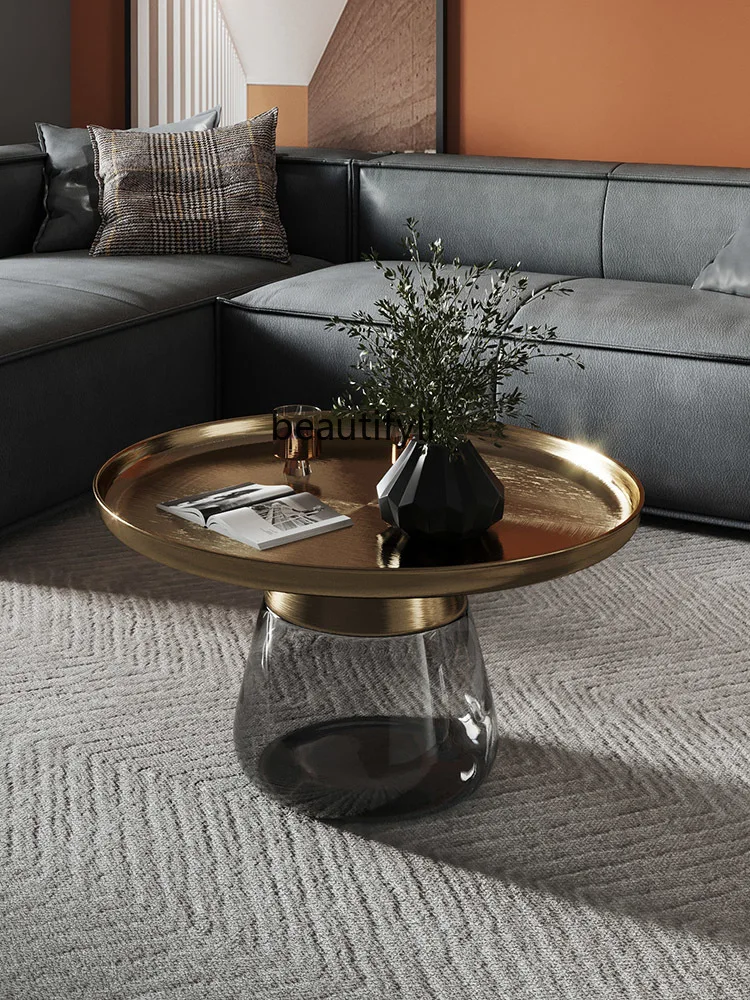 yj Modern Light Luxury Coffee Table Simple Style Glass Small round Table Ins Living Room Furniture Can Be Stored