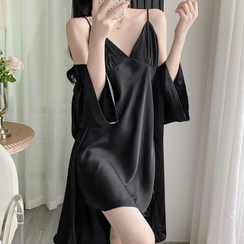 

Sexy Female Twinset Robe Set Nightgown Spring Summer New Sleepwear Home Clothing Patchwork Lingerie Rayon Loungewear