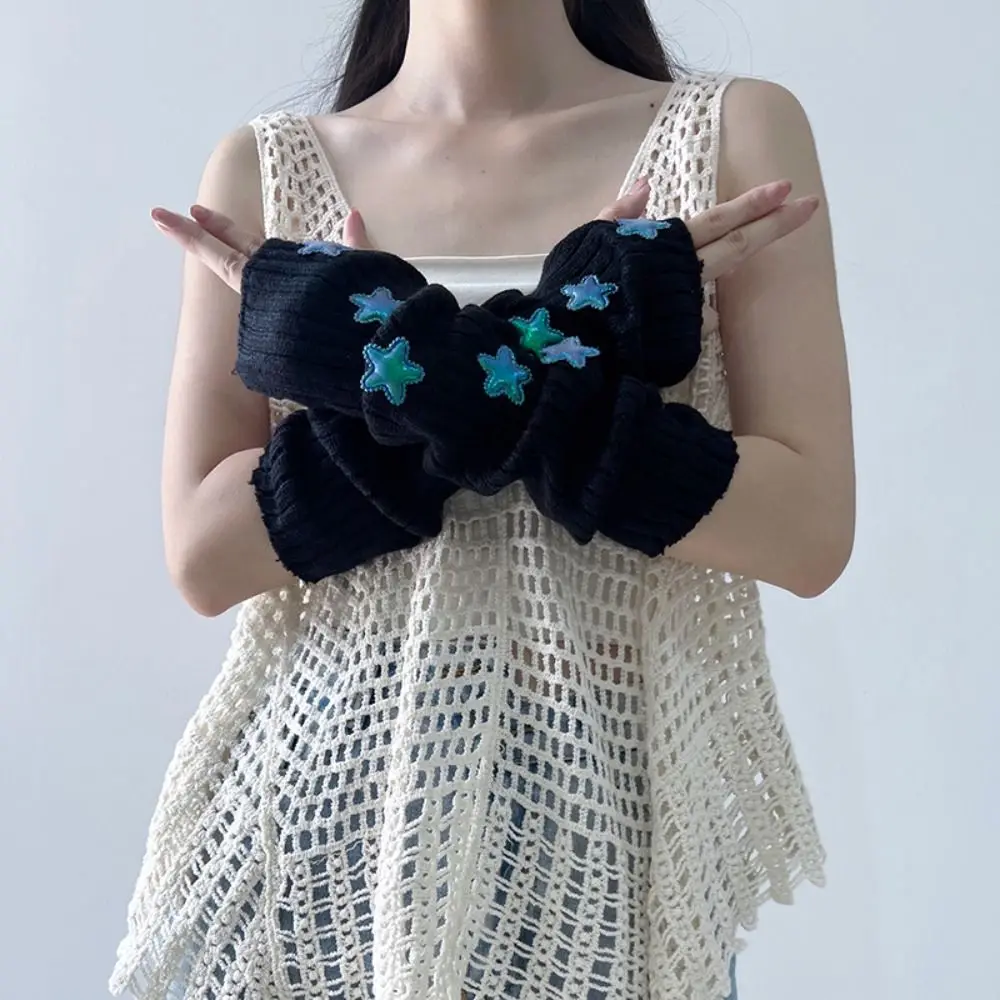 

Elastic Solid Color Star Knitted Gloves Gothic Y2k Wool Sleeve Cuff Thermal Long Arm Warmers Party