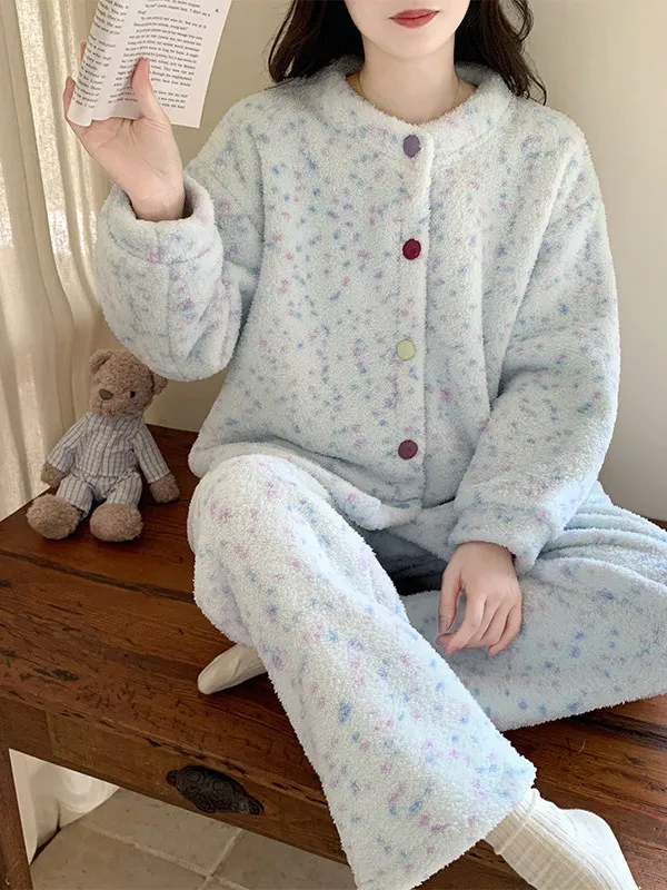 Thickened Coral Fleece Pyjamas Women's Autumn Winter Home Clothes Set 2025 New Style Long Sleeve round Neck Soft Warm Home Le...