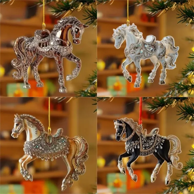 

2D Acrylic Horse Car Rearview Mirror Pendant Charm Christmas Tree Ornament Party New Year Hanging Decoration
