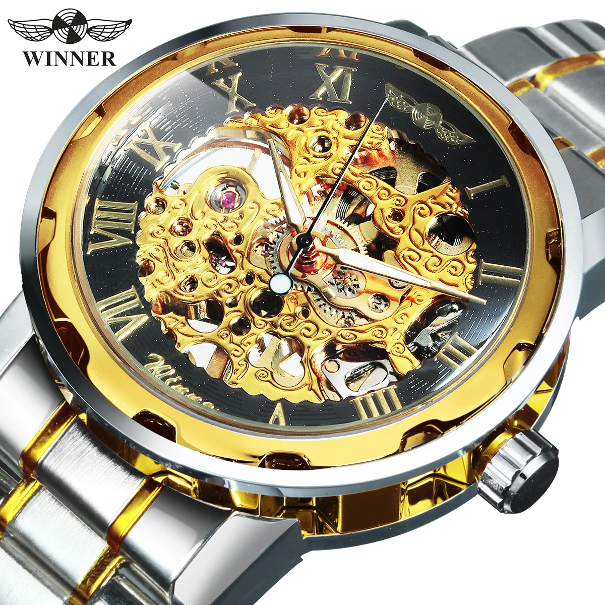 

WINNER Gold Hand Winding Mechanical Watches Luxury Retro Transparent Skeleton Mens Watch Stainless Steel Strap Luminous Hands