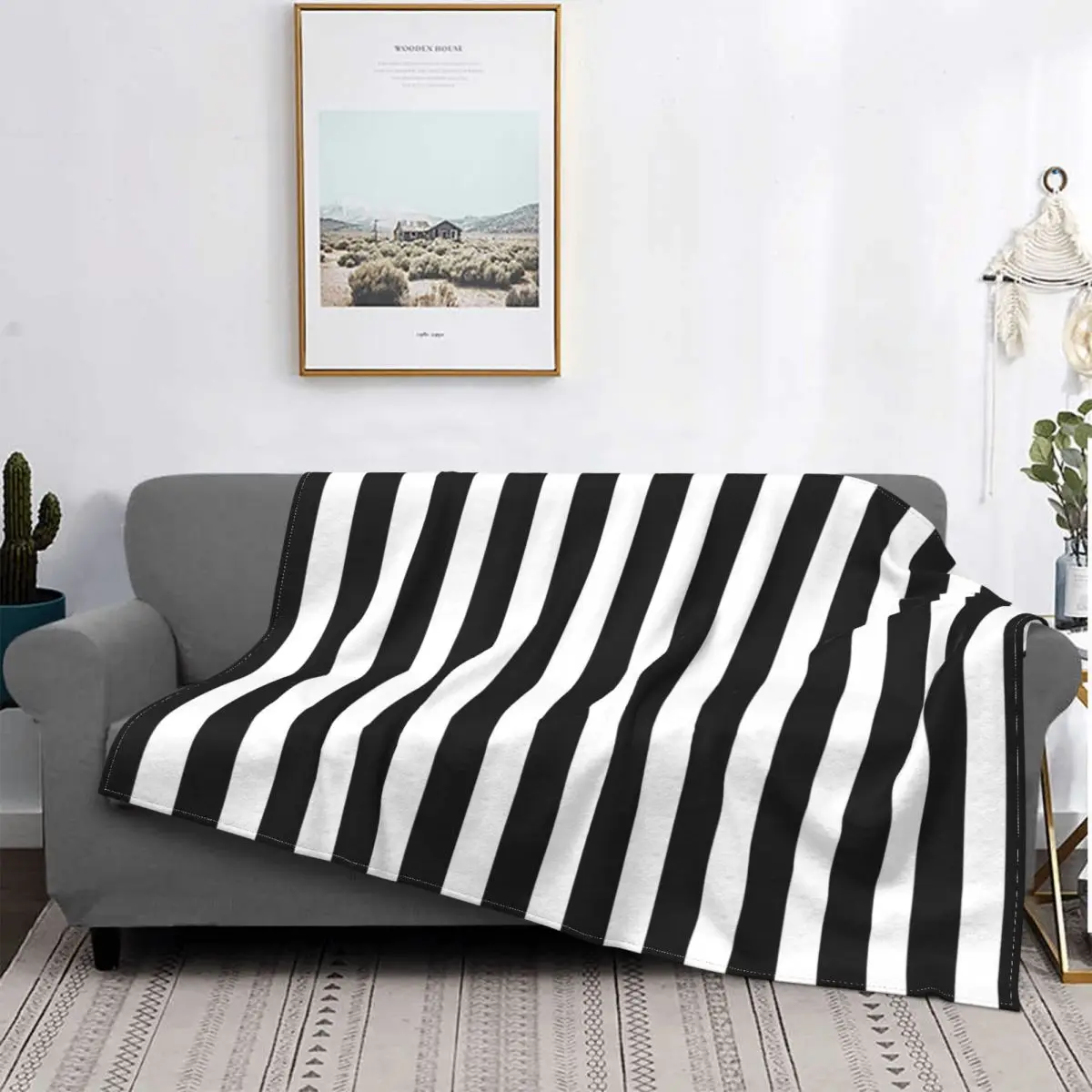 

Black White Stripe Bedspread Blanket Fleece Spring Autumn Multifunction Lightweight Thin Throw Blankets for Sofa Car Rug Piece