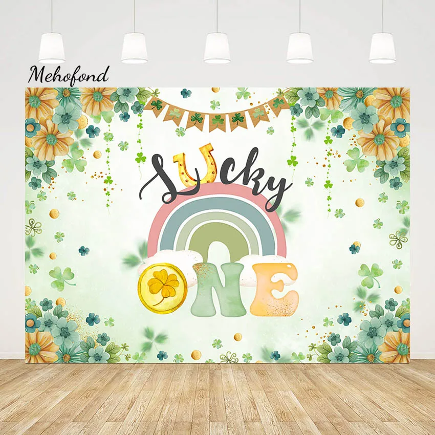 

Mehofond Baby 1st Birthday Backdrop Boho Rainbow Flower for Lucky Clover is One Theme Photography Background Studio Photocall