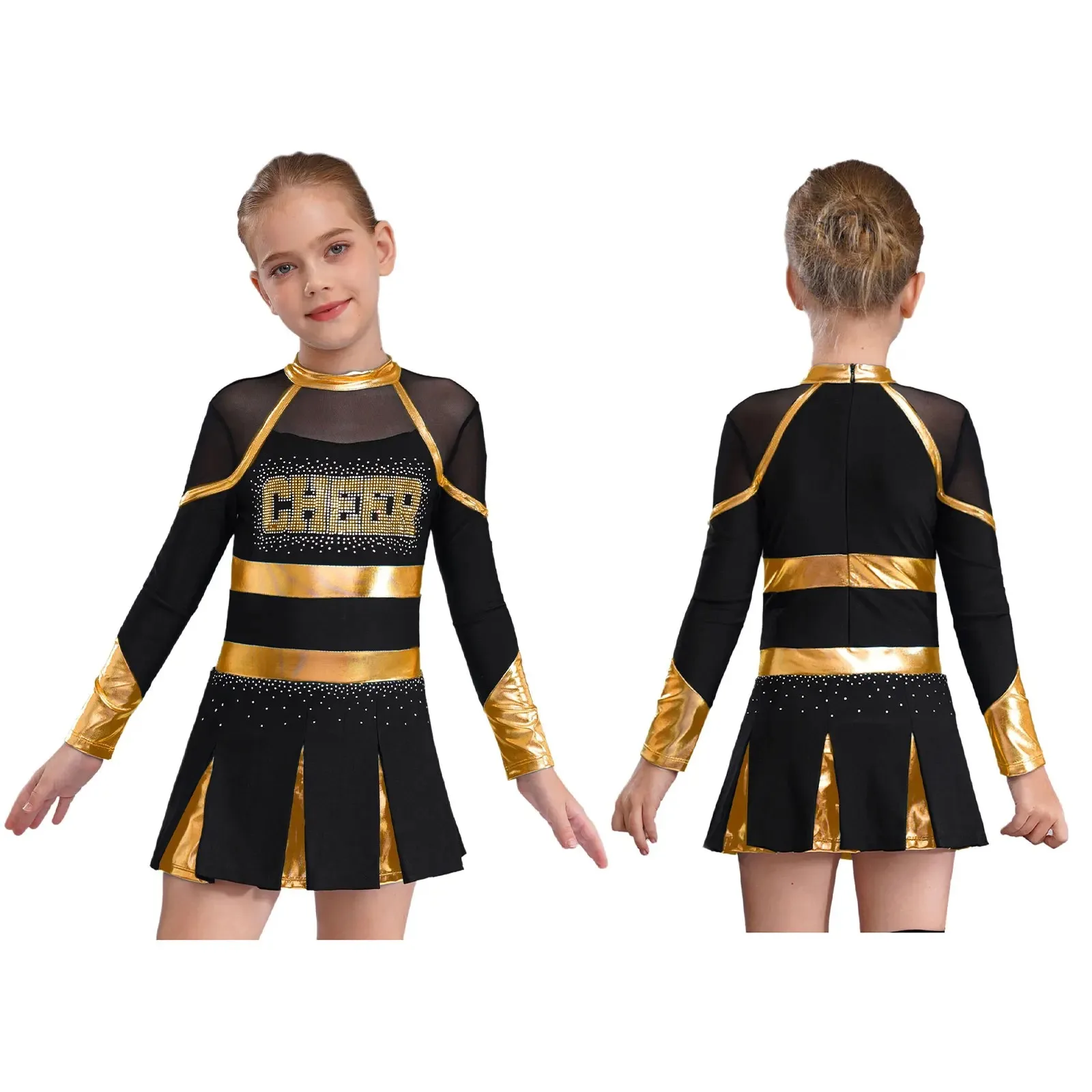 Kinder Mädchen Cheerleading Uniform Cheerleader Tanzkostüm Glitzernde Strasssteine Metallic Plissee Kleid mit 2 Stück Handblumen – Detail 4