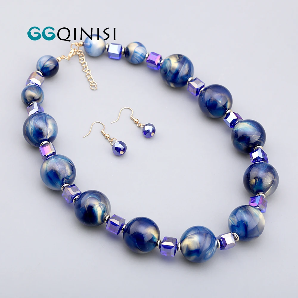 

GGQINISI Luxury Round Colored Beads Strands Necklace Earrings Jewelry Sets for Women Party Wedding Statement Bib Chokers