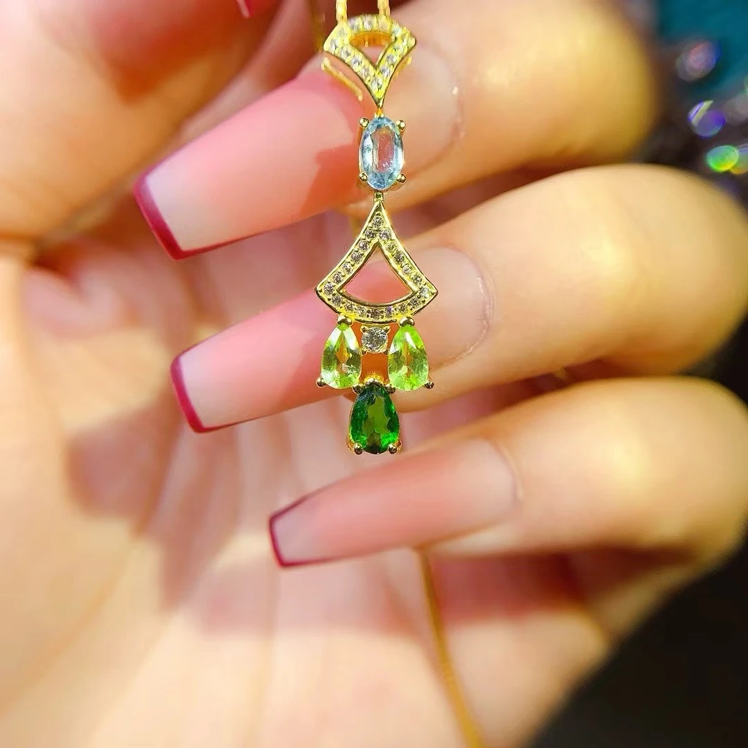 KJJEAXCMY Natural Topaz Peridot Diopside Mixed Women‘s Pendant S925 Sterling Silver Inlaid High Clarity Blazing Firework