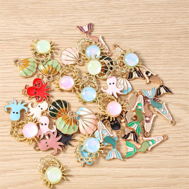 10pcs Cute Marine Life Charms Enamel Shell Mermaid Crab Charms Pendants for Jewelry Making Necklaces Earrings DIY Craft Supplies