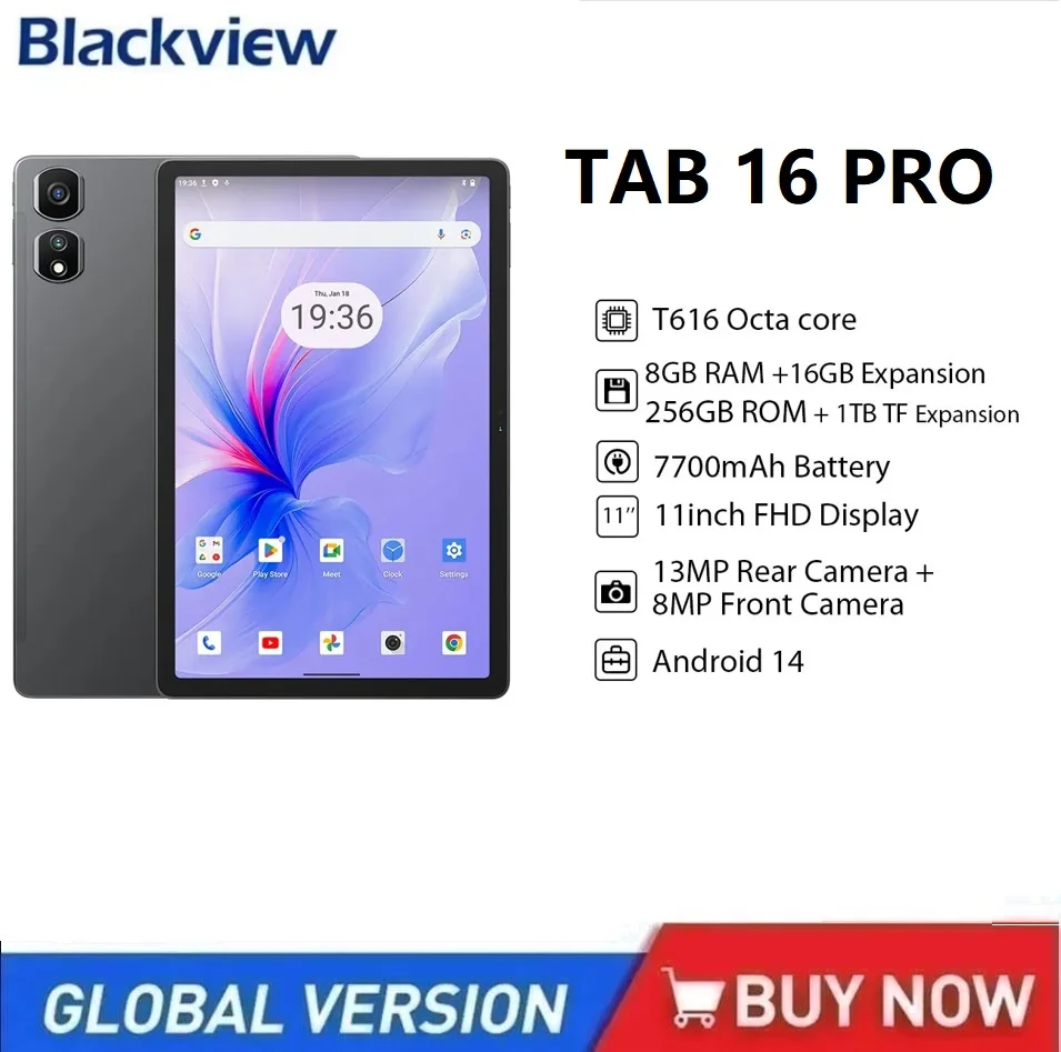 كمبيوتر لوحي Blackview Tab 16 Pro 4G مقاس 11 بوصة FHD + شاشة T616 ثماني النواة 24 جيجابايت (8 + 16) ذاكرة الوصول العشوائي 256 جيجابايت ROM 7700 مللي أمبير في الساعة أجهزة لوحية أندرويد 14