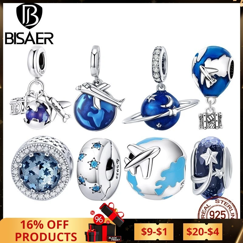 BISAER Real 925 Sterling Silver Travel World Charms Planet Star Moon Tassel Beads Fit Bracelets & Necklace DIY Jewelry Making