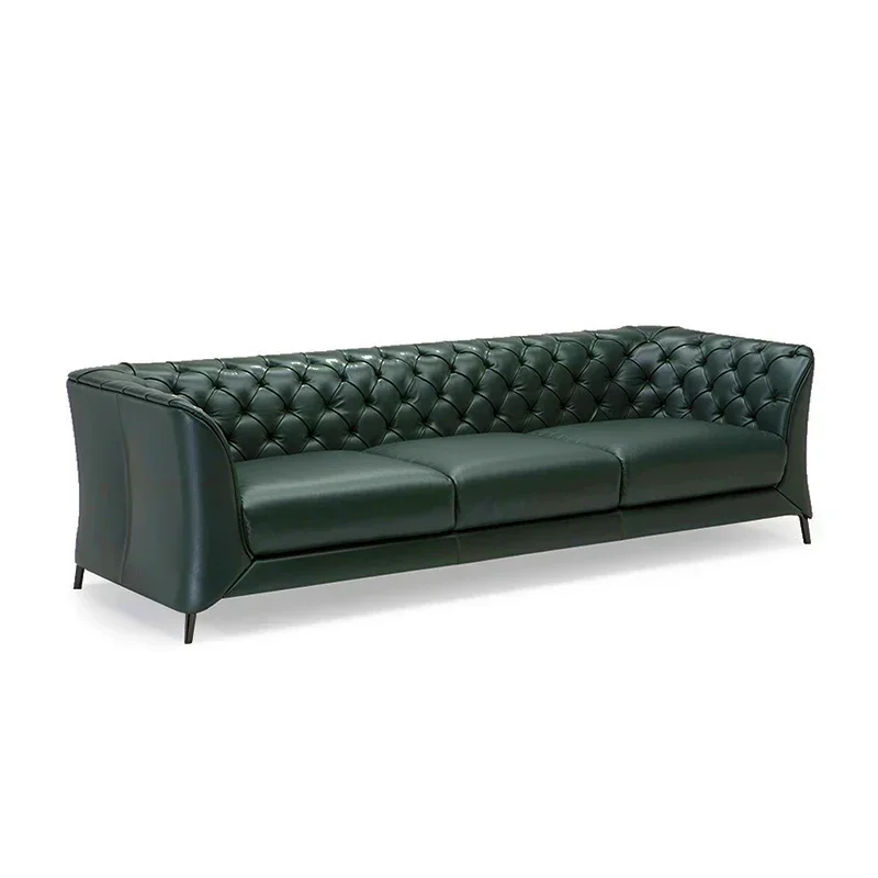 

American Four-Person Genuine Leather Buckle Oil Wax Leather Nordic Post-Modern Small Apartment Large Sofa