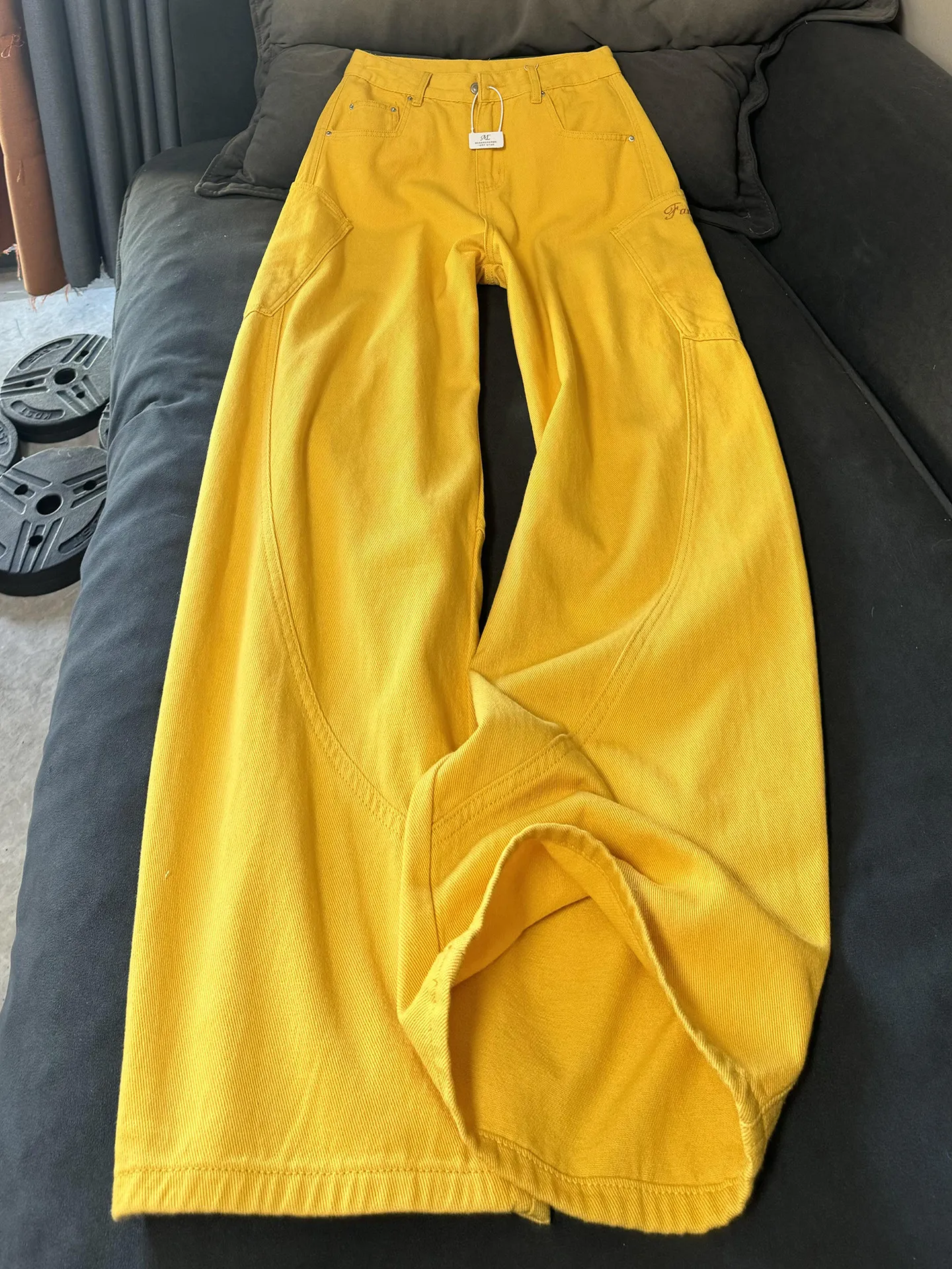 

Желтые брюки-карго с высокой талией и вышивкой, широкие штанины, унисекс, американский дизайн, джинсы Cleanfit, повседневные брюки прямого кроя