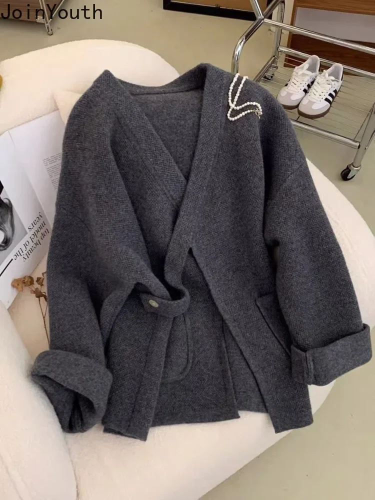 Fall Winter Clothing V-neck Knitted Cardigan Jackets Women Bandage Fashion Pull Femme 2023 Ropa Mujer Vintage Cropped Sweater