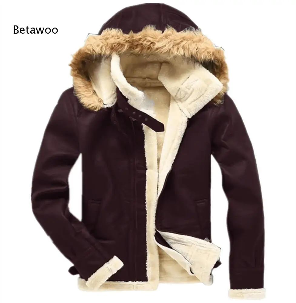 Men Hooded Faux Leather Jacket Furry Trim Sherpa Lined Warm Winter Coat With Pockets For Cold Weather Daily Outdoor Wear