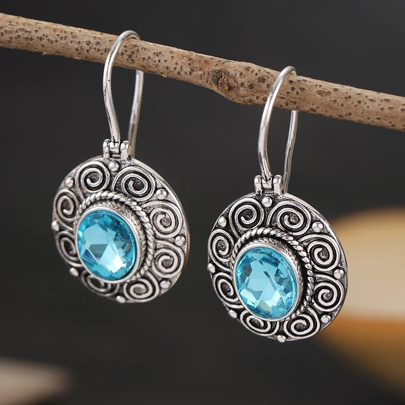 Vintage Bohemian Blue Synthetic Zirconia Swirl Pattern Women's Hook Earrings Elegant Delicate Banquet Festival Jewelry Accessory