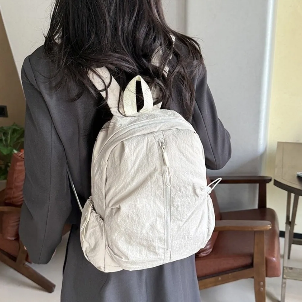 Casual Pleated Nylon Backpack Solid Color Lightweight Rucksack Durable Large Capacity Student School Bag Outdoor