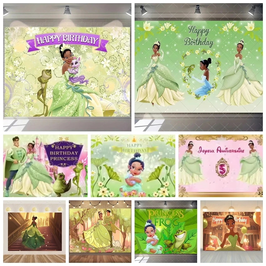 

Disney Princess Tiana the Frog Background Banner Naveen Prince Girls Birthday Party Decorations Baby Shower Photography Props