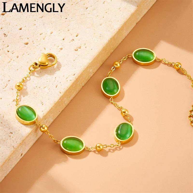 LAMENGLY 316l Stainless Steel Exquisite Luxury Elliptical Green Crystal Bracelet Women Elegant Wrist Chain High End Jewelry Gift