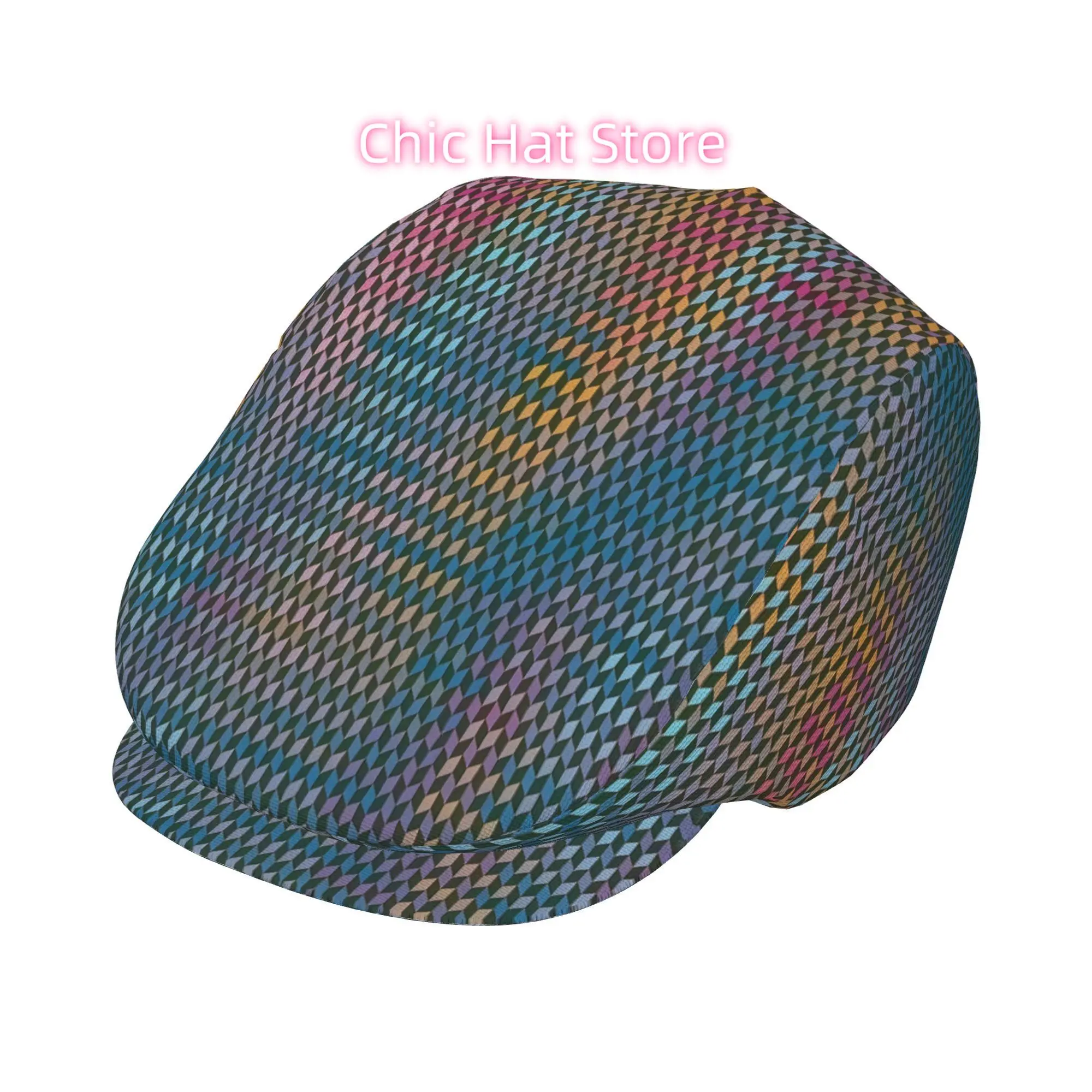 1pc Colorful Diamond Grids All-Over Print Flat-Top Hats for Men And Women, Newsboy Caps, Berets, Irish Hats, Driver Caps, Retro