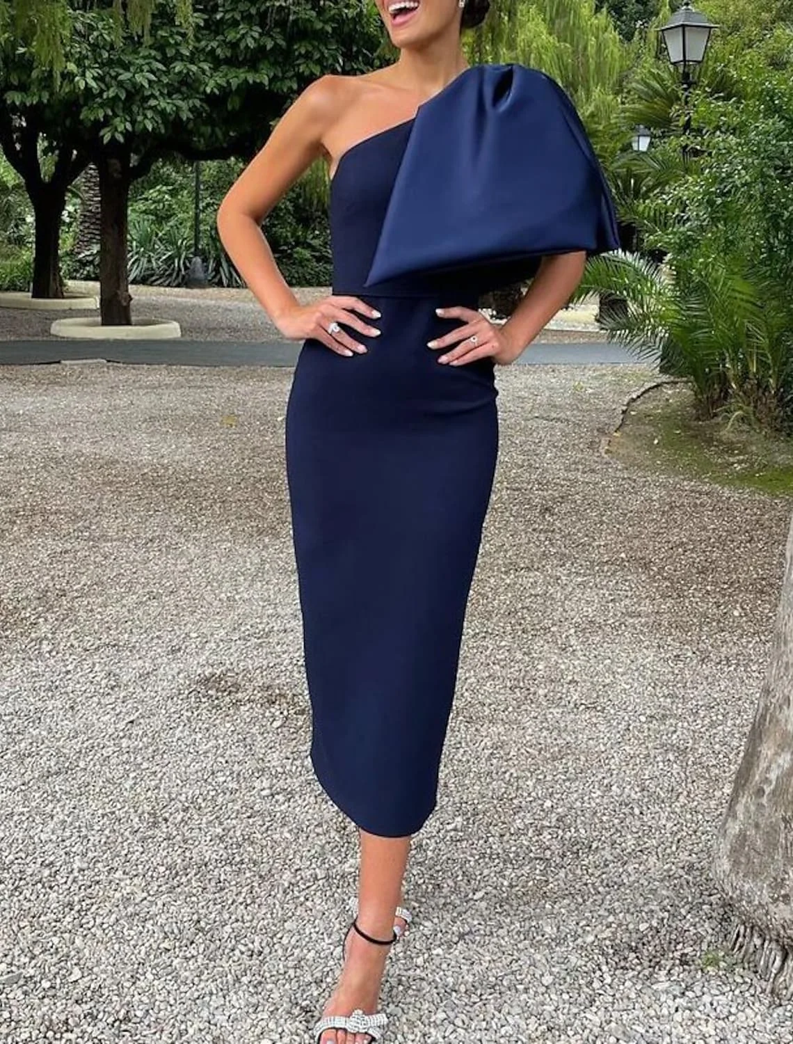 

Sexy Dark Navy Sheath Evening Dress 2023 With Bow One Shoulder Ankle Length Formal Prom Gowns Robe De Soirée Vestidos Feast