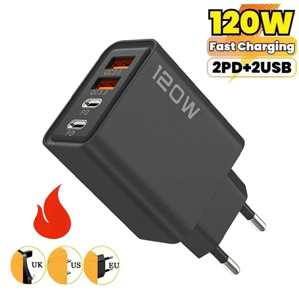 Cargador rápido USB de 4 puertos de 120W, cargador PD tipo C para dispositivo USB Universal, adaptador de corriente QC 3,0, adaptador de carga de pared de carga rápida