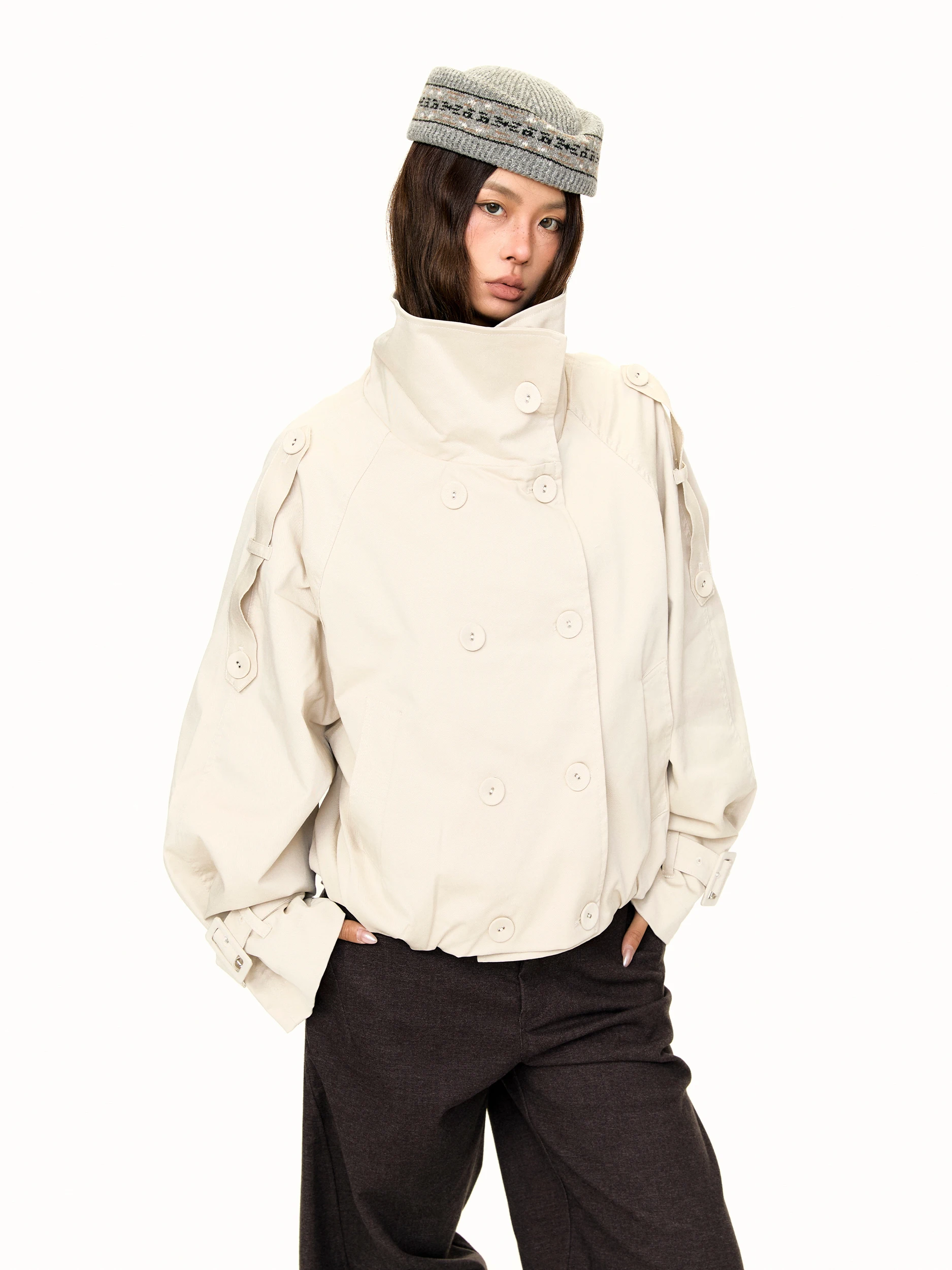 Korean Style Double Row Button Large Collar Short Women's Jacket Design Versatile Cotton Blend Fashionable Workwear Coat