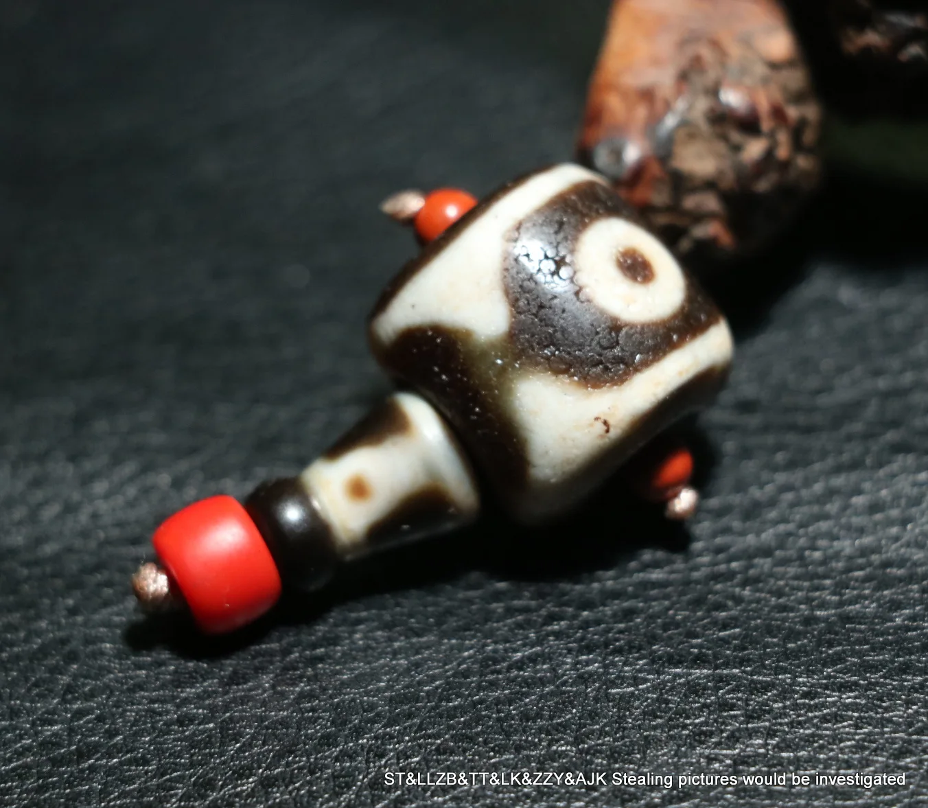 Tibetan old Agate 2 Eye Tiger Tooth 3 Hole 2 Parts Live Head Dzi bead F Prayer A LKbrother Talisman Treasure