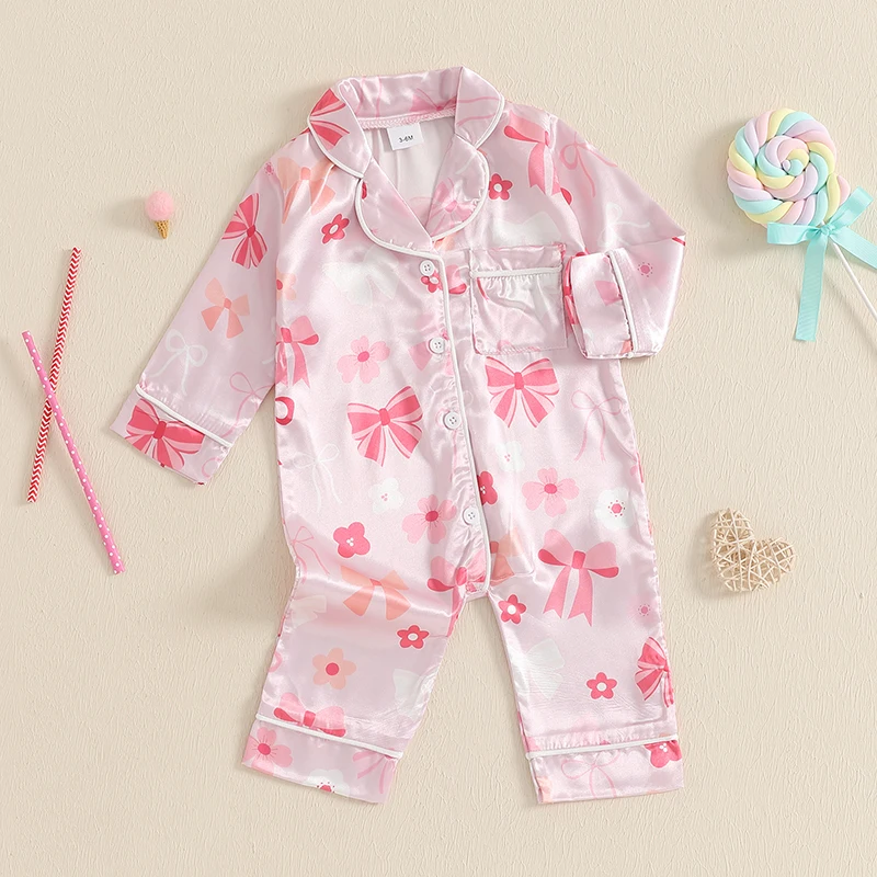 0-18m bebê meninas cetim de seda pijamas macacão bowknot flor impressão lapela pescoço manga longa outono bodysuits macacões pijamas