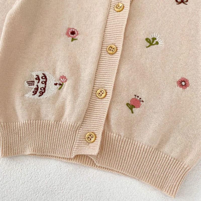 Summer New Baby Clothes Embroidered Round Neck All Cotton Knitted Air Conditioning Shirt Cute Pattern Gentle Cardigan Sun Protec