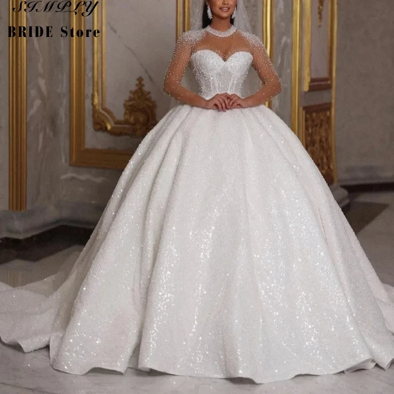 

Sparkling African Wedding Dress Luxurious A-line Bridal Ball Dress Beads sequins Long Sleeves Dubai Bridal Dress Customization