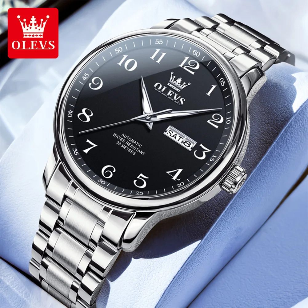 

OLEVS лучший бренд, роскошные часы высокого качества для мужчин, оригинальные модные автоматические механические мужские часы из нержавеющей стали с двойным календарем