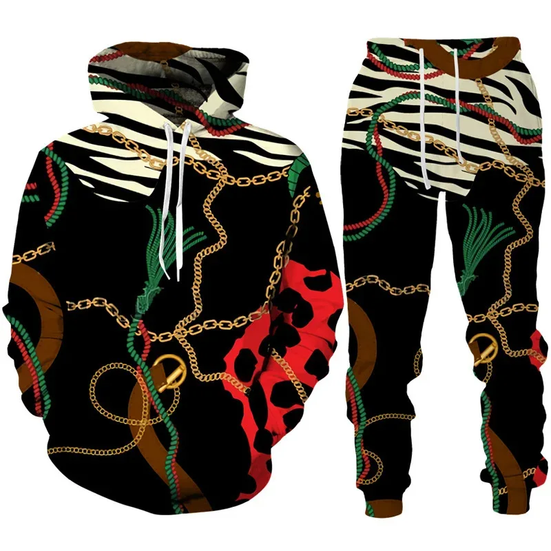 3D Luxury Golden Chain Leopard Print Men's Hoodie Suit Casual Unisex Sportswear Pants 2pcs Sets Fashion Hooded Sweatshirt Outfit