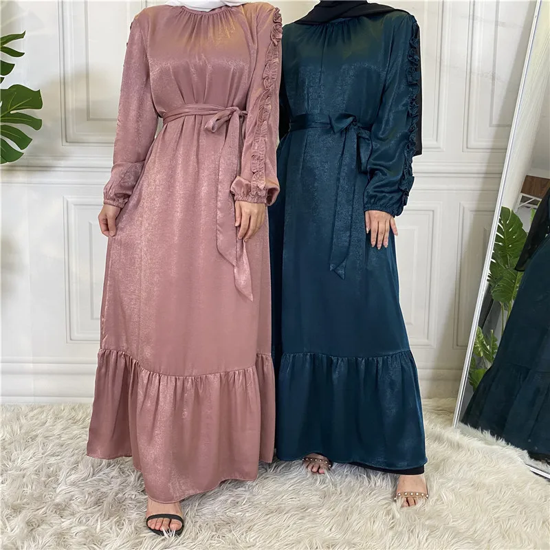 

Luxury Satin Muslim Women Long Dress Solid Islamic Ramadan Maxi Robe Middle East Kaftan Dubai Islamic Clothes Turkey Abaya Arab