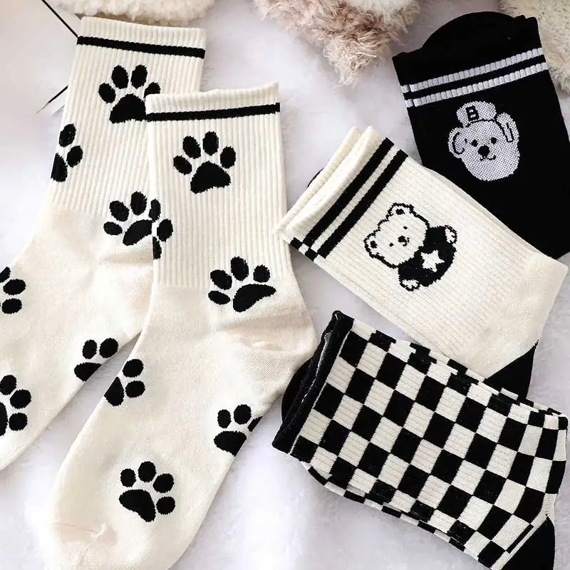 Women White Socks Cute Cartoon Anime Socks Bear Checkered Cotton Y2k Funny Socks Harajuku Paw Socks Print Girls