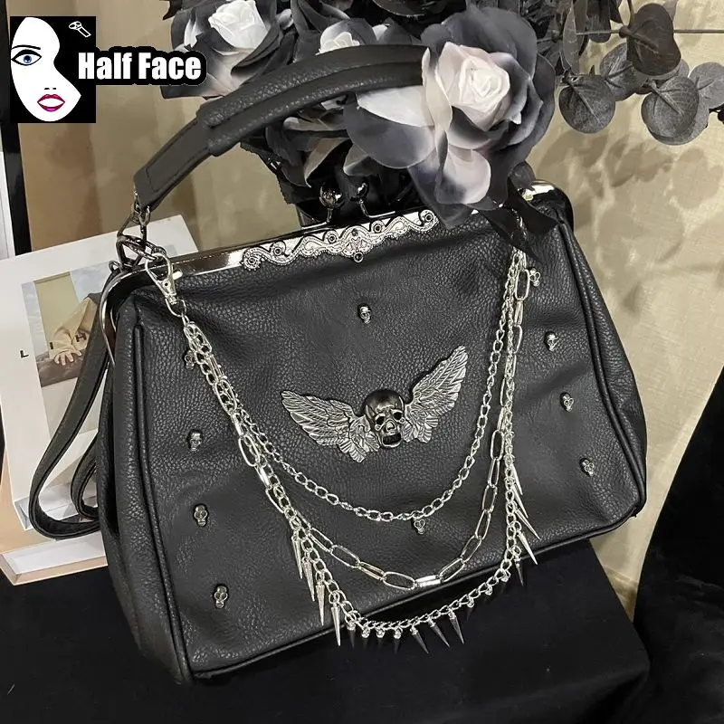 Y2K Girls Harajuku Women\'s Gothic Punk One Shoulder Lolita Rivet Chain Skeleton Butterfly Versatile Underarm Crossbody Bags Tote