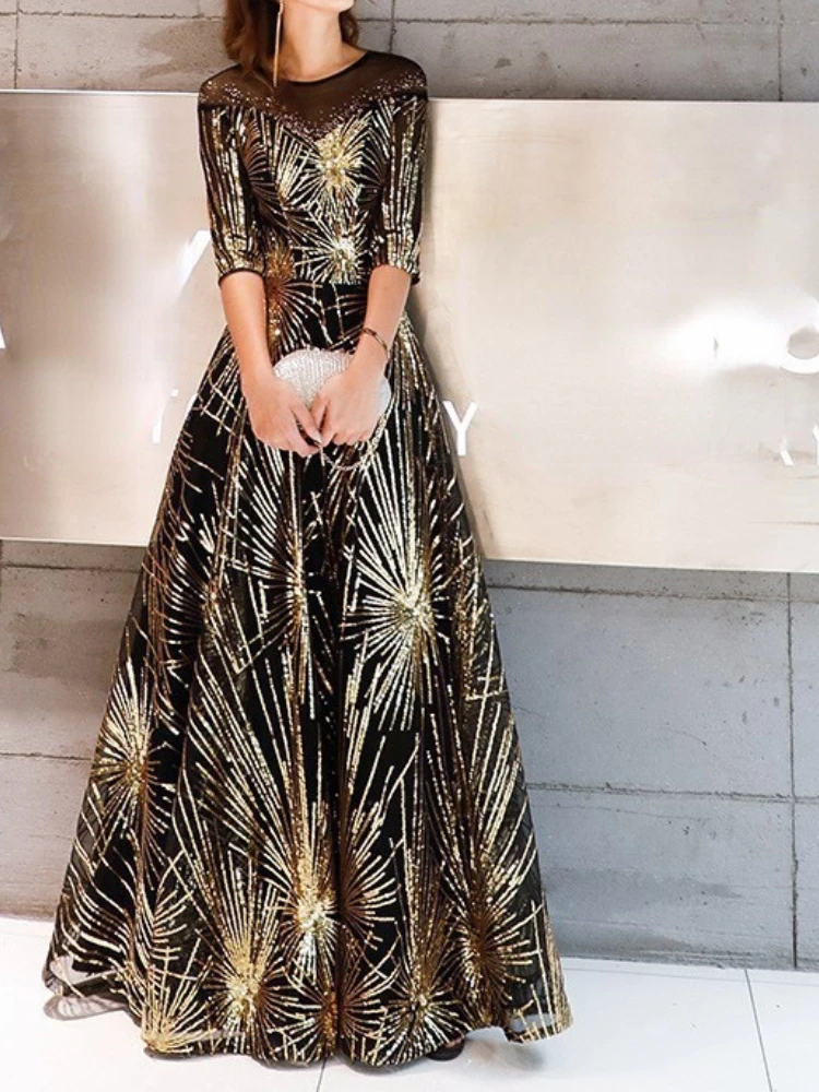 Customized Luxury Shinny O-neck Temperament Half Sleeve Long Formal Evening Dress High End Exquisite Lurex Print Vestidos Long T