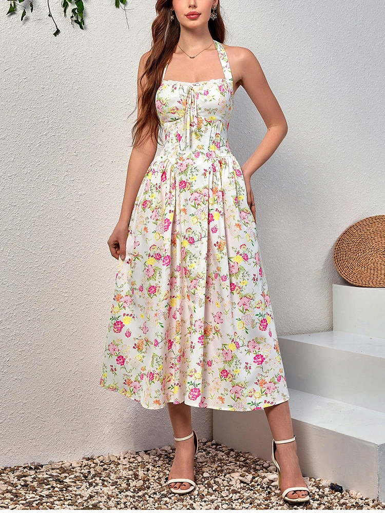 NewAsia Damen Neckholder, rückenfrei, bedruckt, Blumenmuster, Midi-Korsettkleid, Spaghettiträger, zum Binden, modisch, lässig, Urlaub, lange Kleider, Rosa – Detail 11
