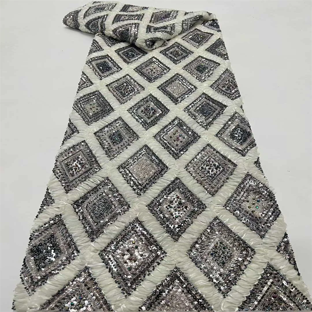 

Кружевная ткань SJ с африканскими бусинами, высококачественная французская нигерийская ткань с пайетками, для пошива женских свадебных и праздничных платьев, коллекция 2026
