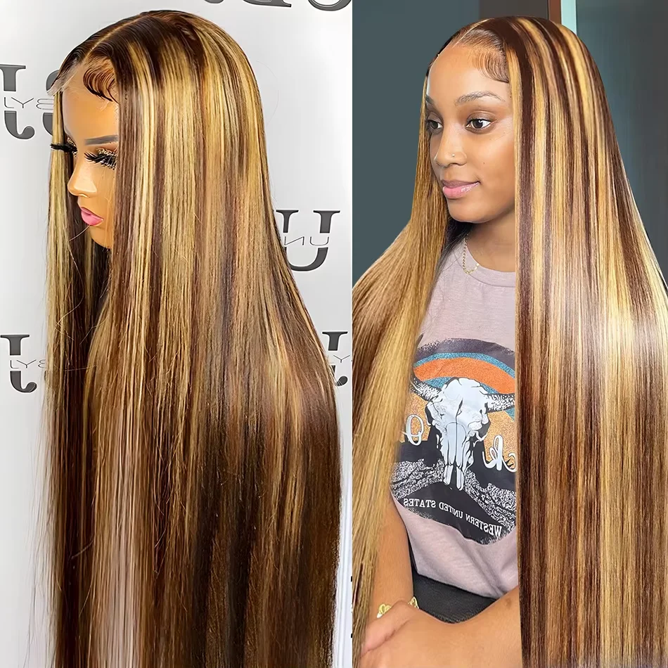 

Highlight 13x4 Lace Front Wig Omber Brown Straight 13x6 HD Lace Frontal Wigs For Women Human Hair P4/27 Honey Blonde Lace Wigs