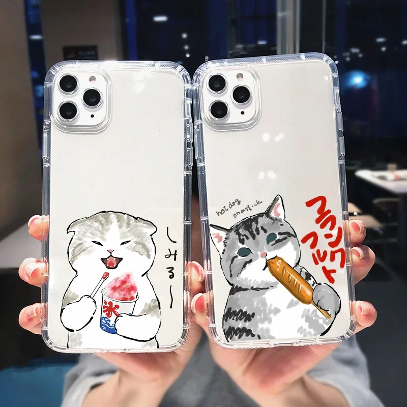 Funny Animal Cartoon Cute Cat Food Phone Case for iPhone 11 12 13 14 15 Pro Max 8 Plus Mini XS XR SE Transparent Soft Back Cover