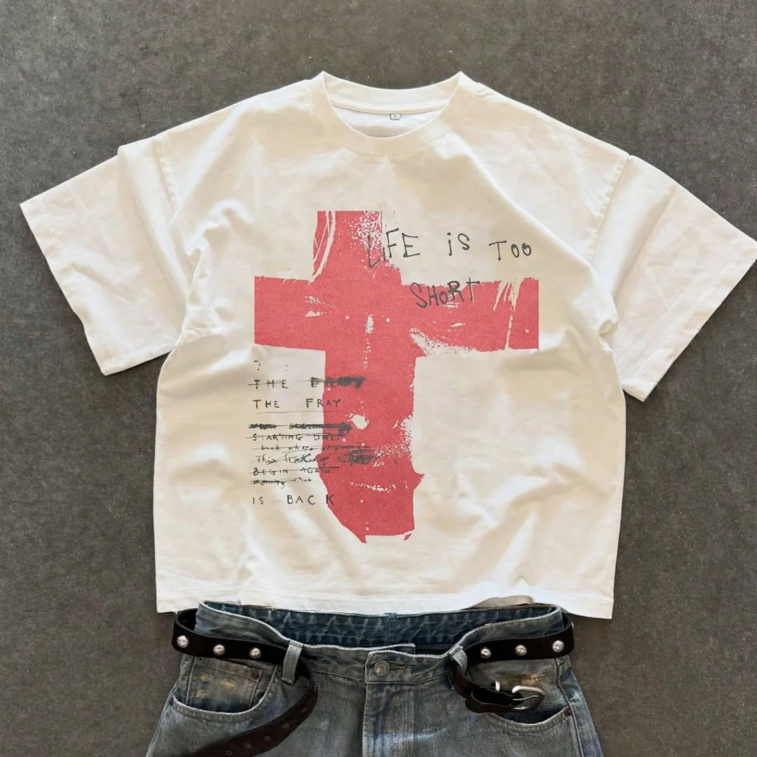 Men's Summer T-shirt Cross Graffiti Letter Print Crew Neck Short Sleeve Loose Vintage Streetwear Casual Trendy Daily Wear Tops