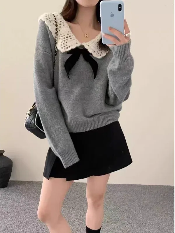 

Loose Long Sve Knitted Sweater Women's Doll Collar Casual Sle Autumn Winter Faion Versatile plus Size College Sle Top