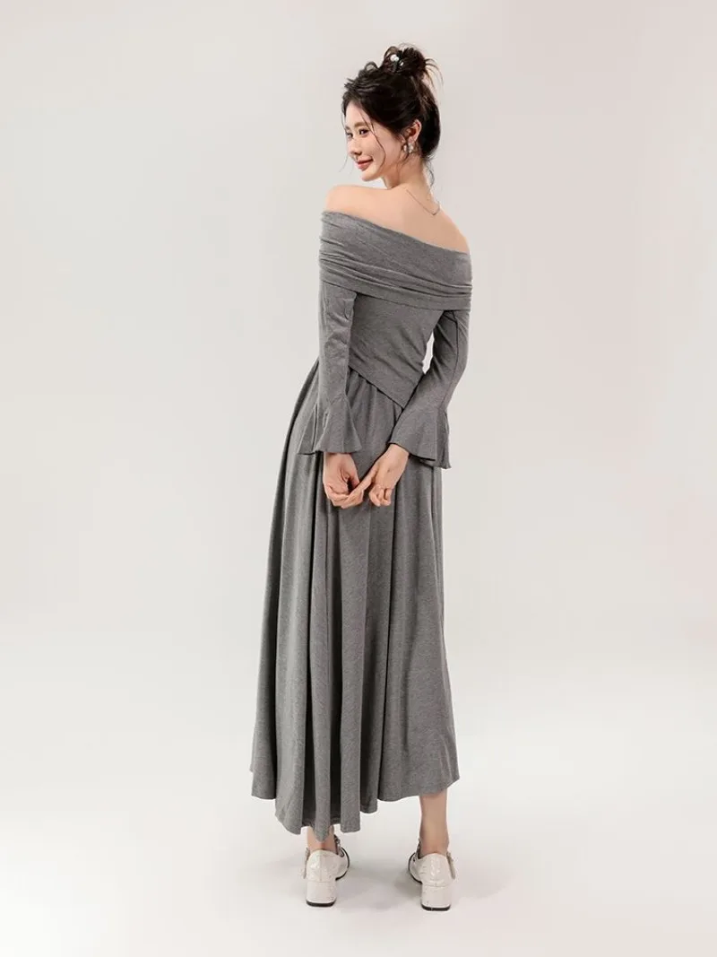 Lazy Style 2 Piece Sets Women Slash Neck Drawstring Long Sleeve Tops + High Waist Skirt 2025 Spring Autumn New Trendy Suit image 3