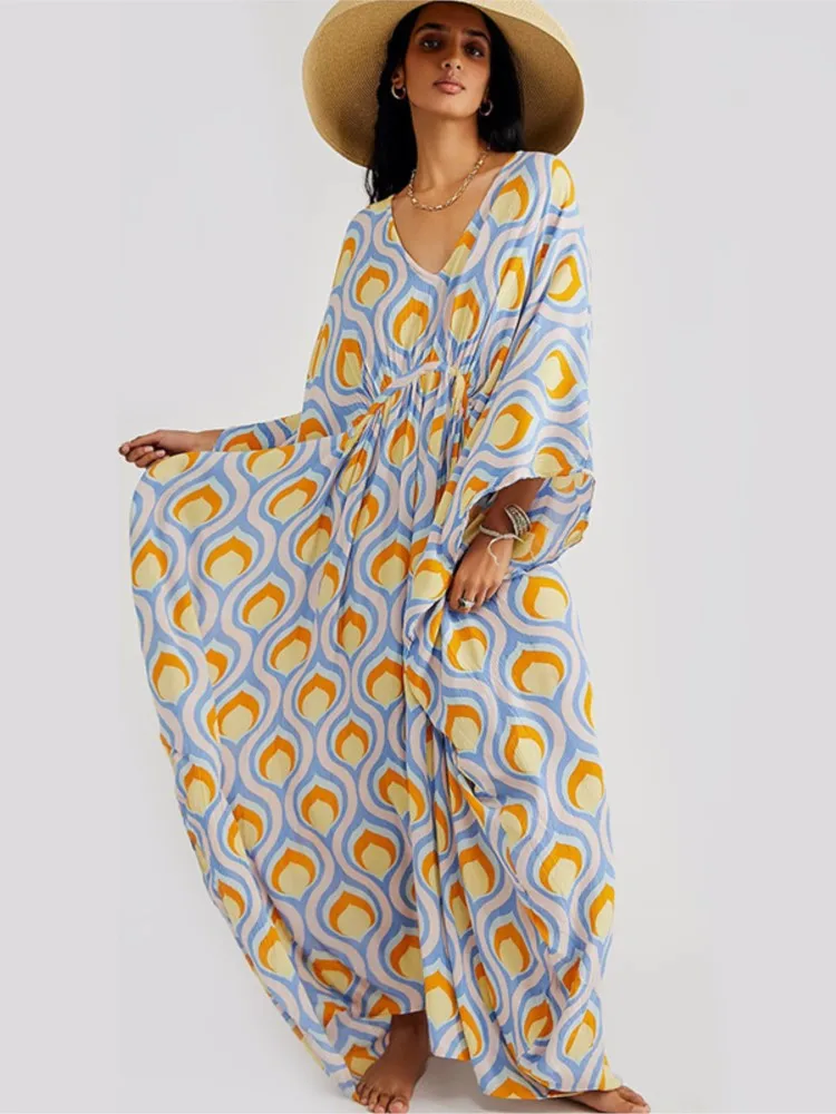 

Summer Printed V Neck Long Sleeve Dress Women 2025 Fashion Elegant Casual Beach Vacation Vestidos Loose Color Colorful Dresses