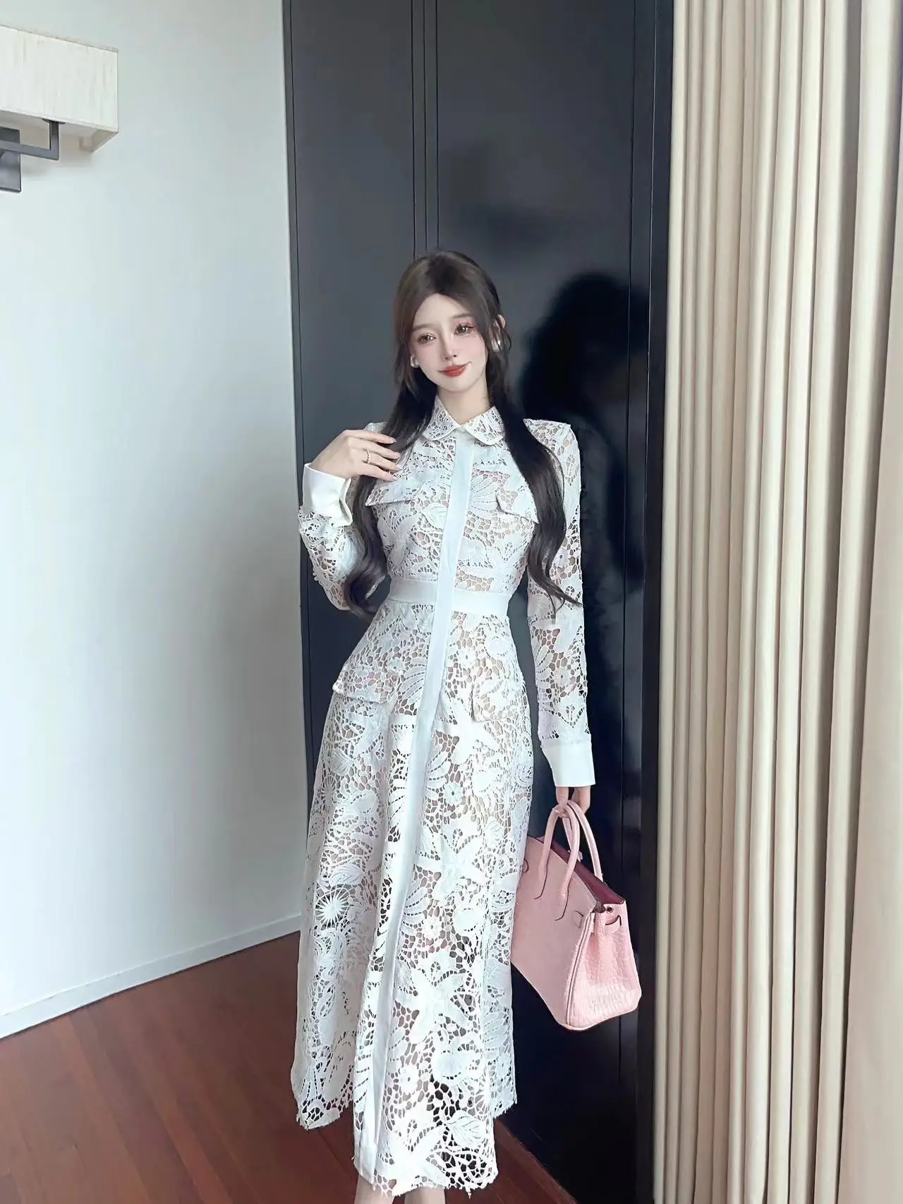 Summer Autumn White Lace Embroidery Prom Evening Dress Shirt Women Fashion Elegant Long Sleeve Midi Dresses Lady